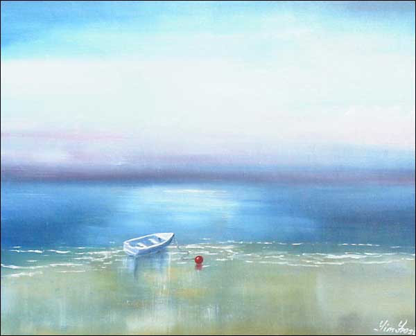 White boat with red buoy